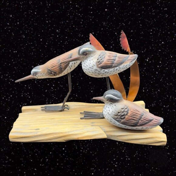 Carved Birds on Wood Folk Art Figurine Hand Painted Wood Metal 6”T‎ 6.5”W